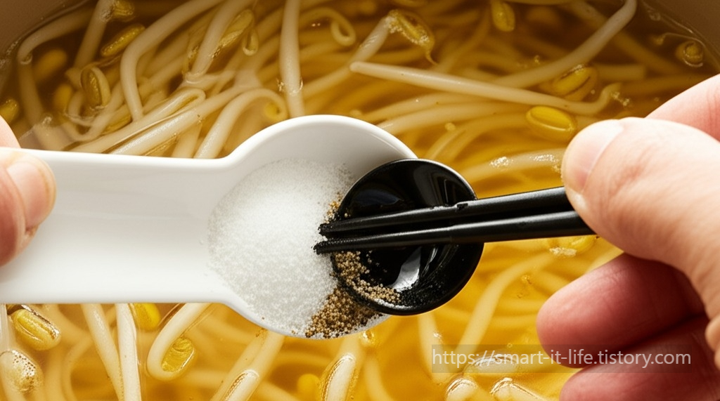 콩나물국 맛있게 끓이는 법! 황금 레시피와 뚜껑 여닫기 꿀팁까지 - 🍲 콩나물국 끓이는 법 - 5️⃣ 간 맞추기 – 소금, 후추, 김치 국물 추가 콩나물국 맛있게 끓이는 법. step4