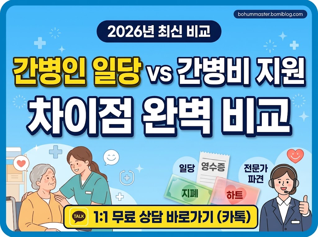 보험마스터 2026년 최신 간병인 일당 vs 간병비 지원 특약 차이점 완벽 비교 및 1:1 무료 카톡 상담 안내 썸네일