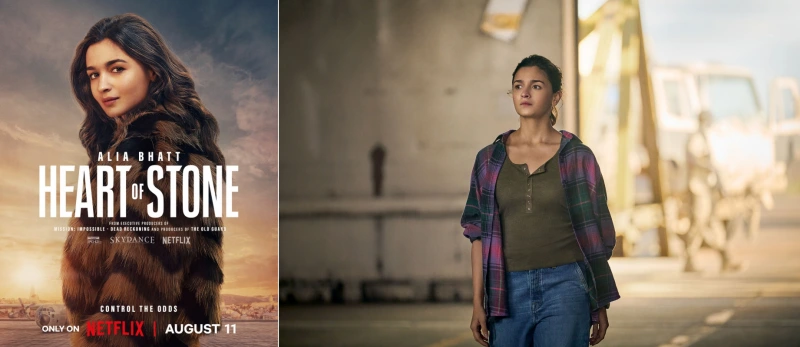 어느 군사시설을 배경으로 평범한 캐주얼 복장을 하고 걷고 있는 하트 오브 스톤의 케야 다완을 연기하는 배우 알리아 바트