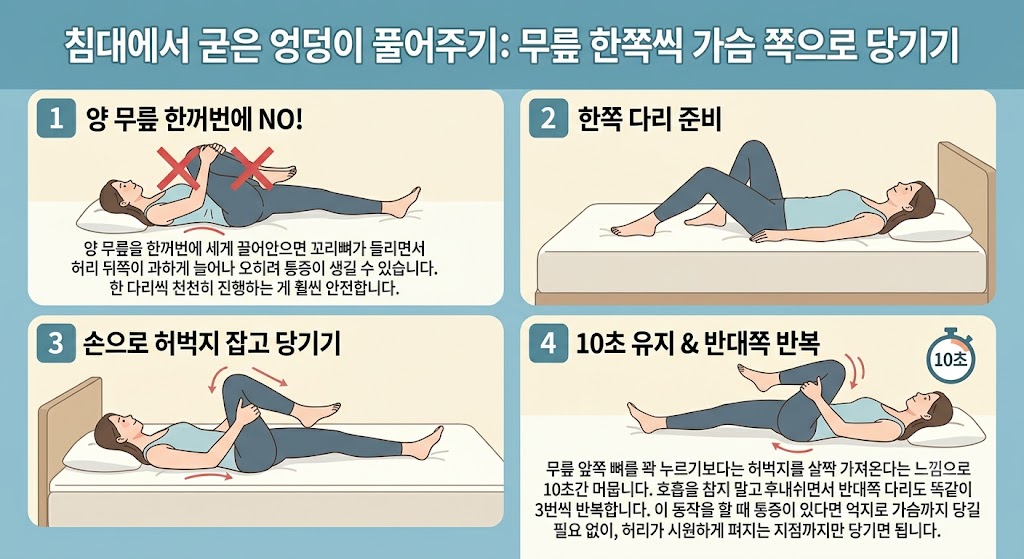 허리 운동, 무릎 한쪽씩 가슴 쪽 당기기