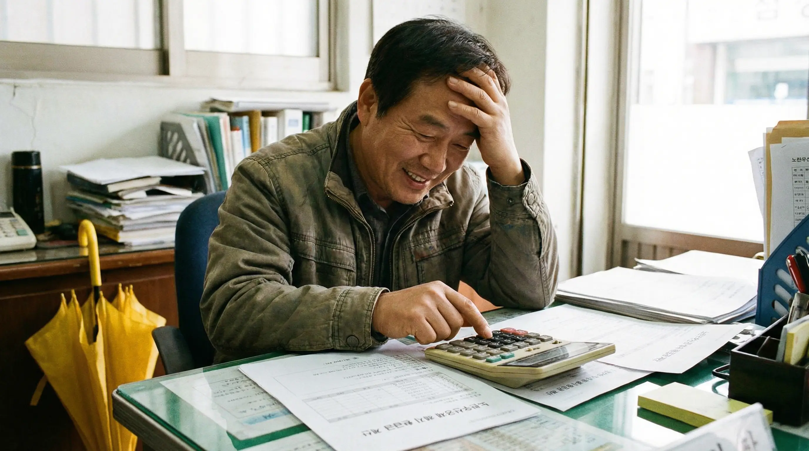 계산기를 두드리며 노란우산공제 해지 환급금을 계산하고 안도하는 사업주의 모습