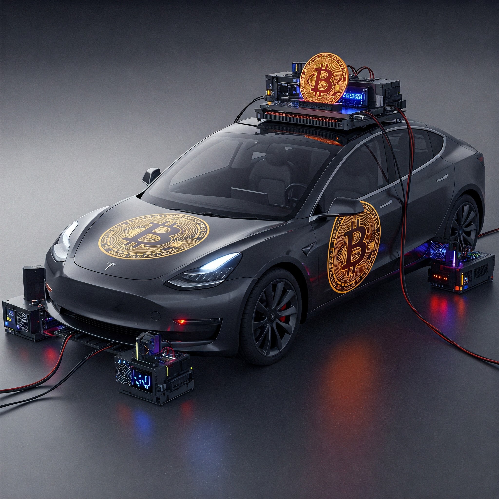 전기차 기술의 선두주자인 테슬라와 디지털 화폐의 혁명을 이끄는 비트코인의 융합을 상상력으로 표현한 것입니다. 미래 지향적인 디자인의 테슬라 차량이 비트코인 채굴 장비와 결합하여 새로운 가능성을 제시합니다. 이는 지속 가능한 에너지와 디지털 금융의 융합을 상징하며, 기술 혁신이 우리의 미래를 어떻게 변화시킬 수 있는지 보여줍니다.