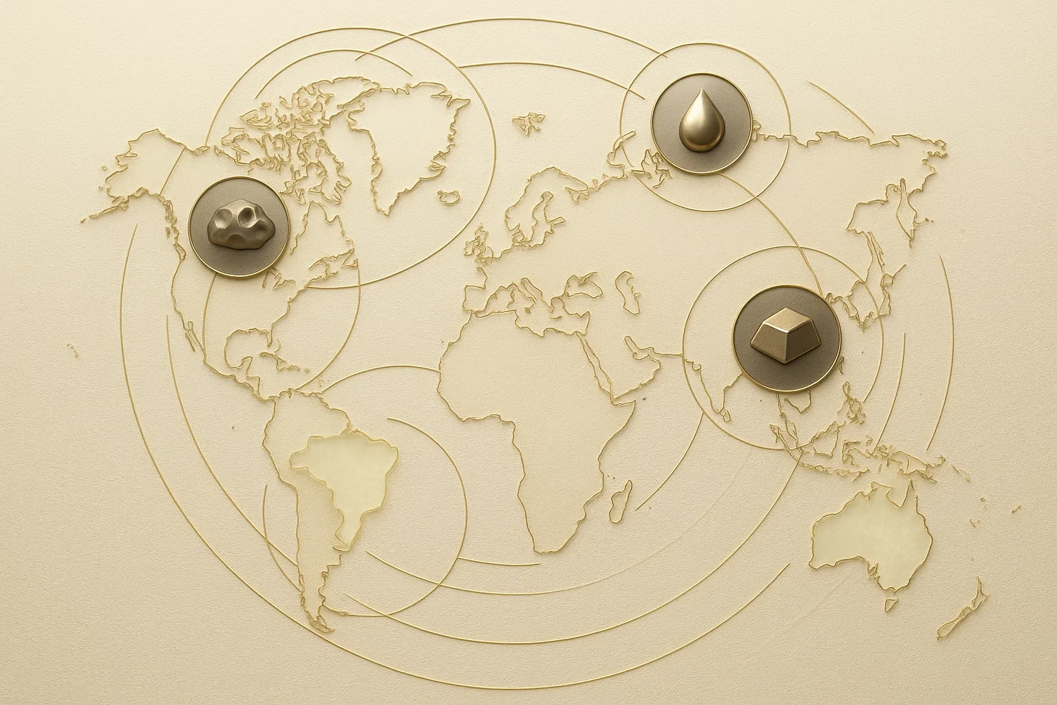 글로벌 지도 위에 호주·캐나다·브라질이 강조되고 원자재 아이콘들이 떠다니는 인포그래픽