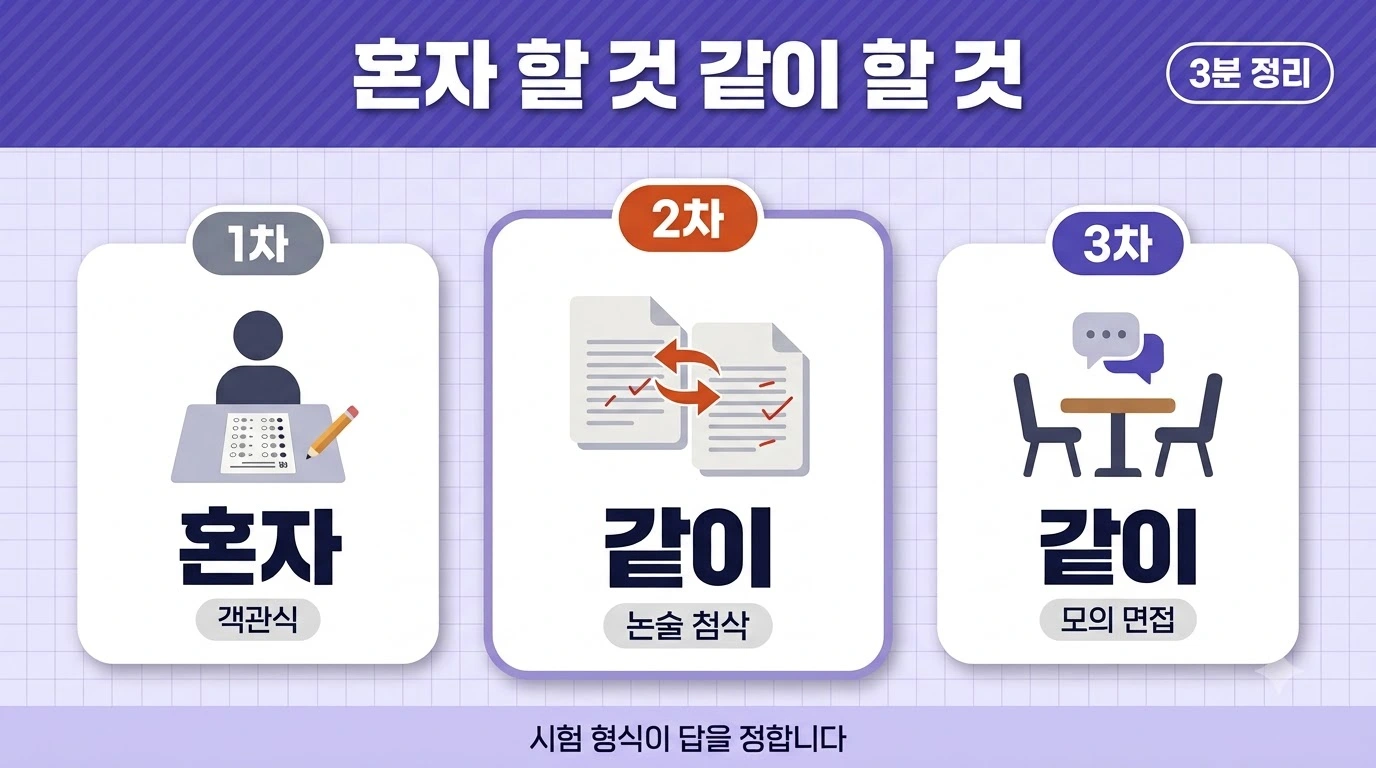 지도사 시험 단계별로 혼자 할 것과 같이 할 것을 구분해 정리한 이미지