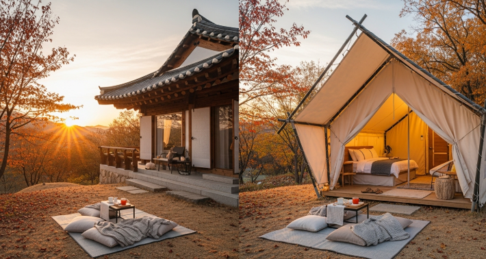 황매산 억새축제 주변의 아늑한 한옥 스테이 또는 글램핑장에서 평화로운 가을 저녁을 보내는 모습