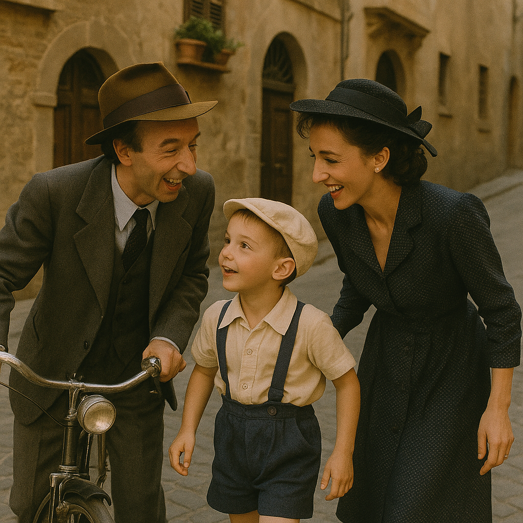 영화 인생은 아름다워 주인공 귀도와 부인 도라 아들 조슈아가 행복하게 웃는 모습