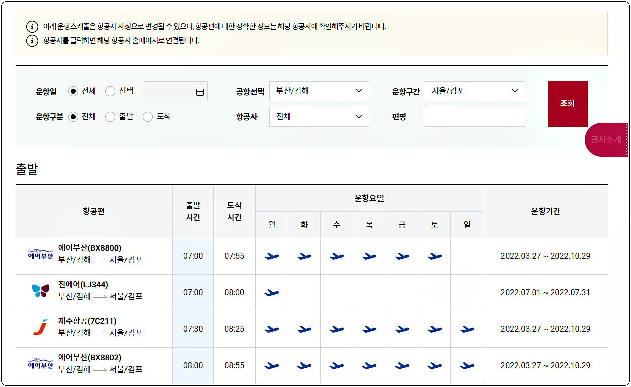 김해공항 운항스케줄