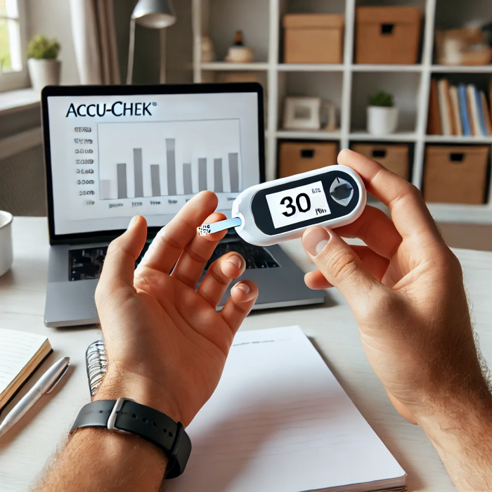 손이 아큐첵 퍼포마 혈당 측정기에 테스트 스트립을 삽입하는 장면.