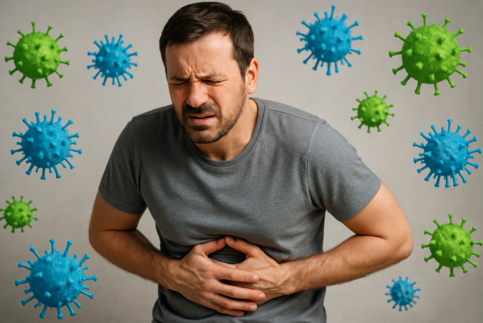 바이러스 세균들 사이에서 장염 때문에 복통을 느끼는 사진