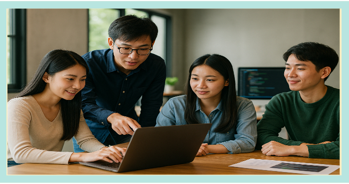 &ldquo;노트북을 보며 함께 학습하는 네 명의 청년&amp;#44; 한 명이 설명을 하며 다른 이들이 경청하는 모습&rdquo;