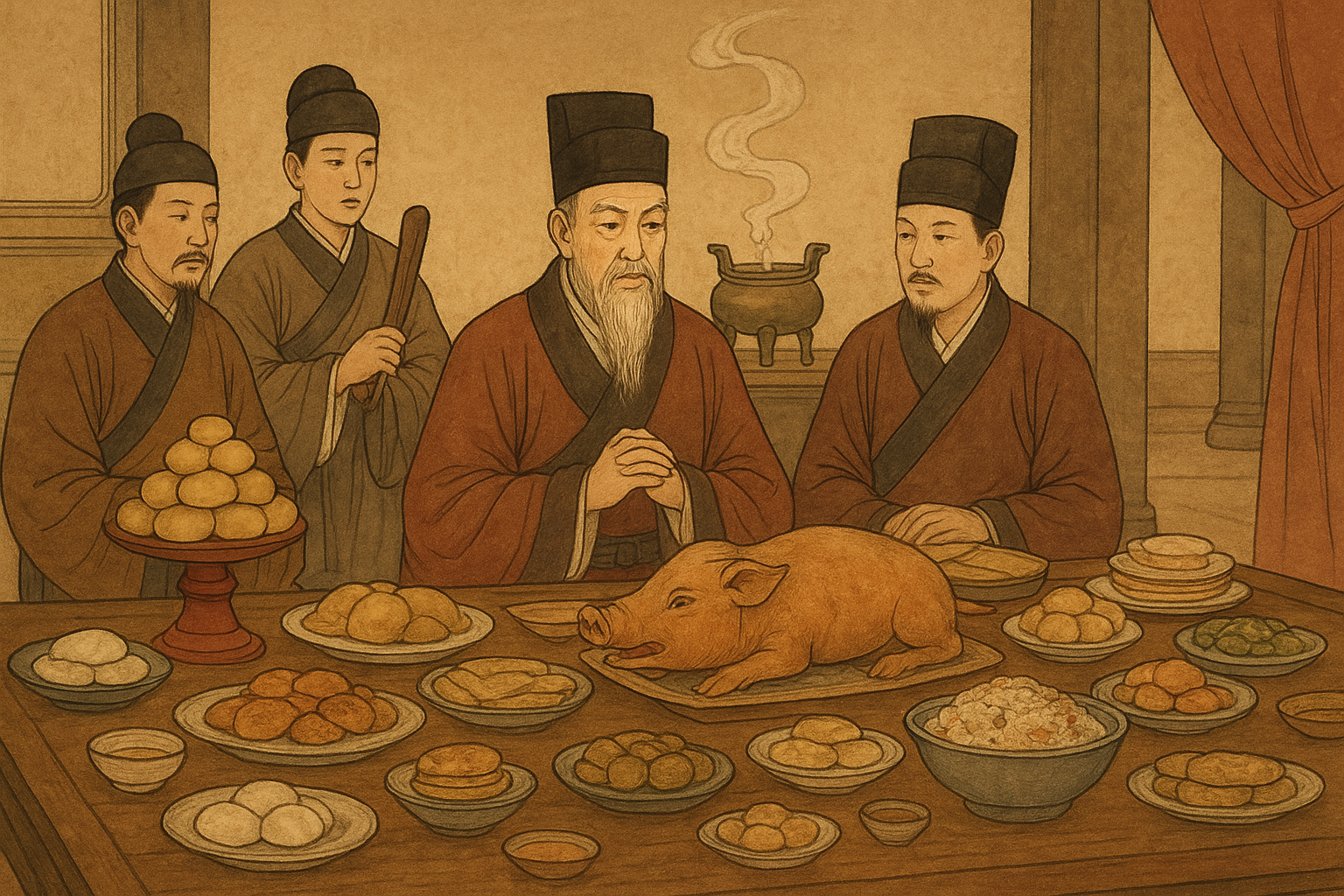 고대 중국 관리들이 제사 음식 앞에서 의식을 치르는 장면.