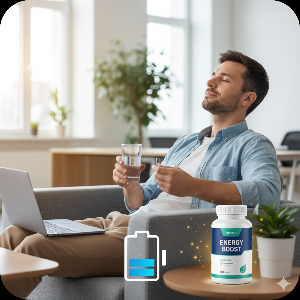 직장인이 피로회복을 위해 휴식을 취하며 건강보조 식품을 섭취하는 모습