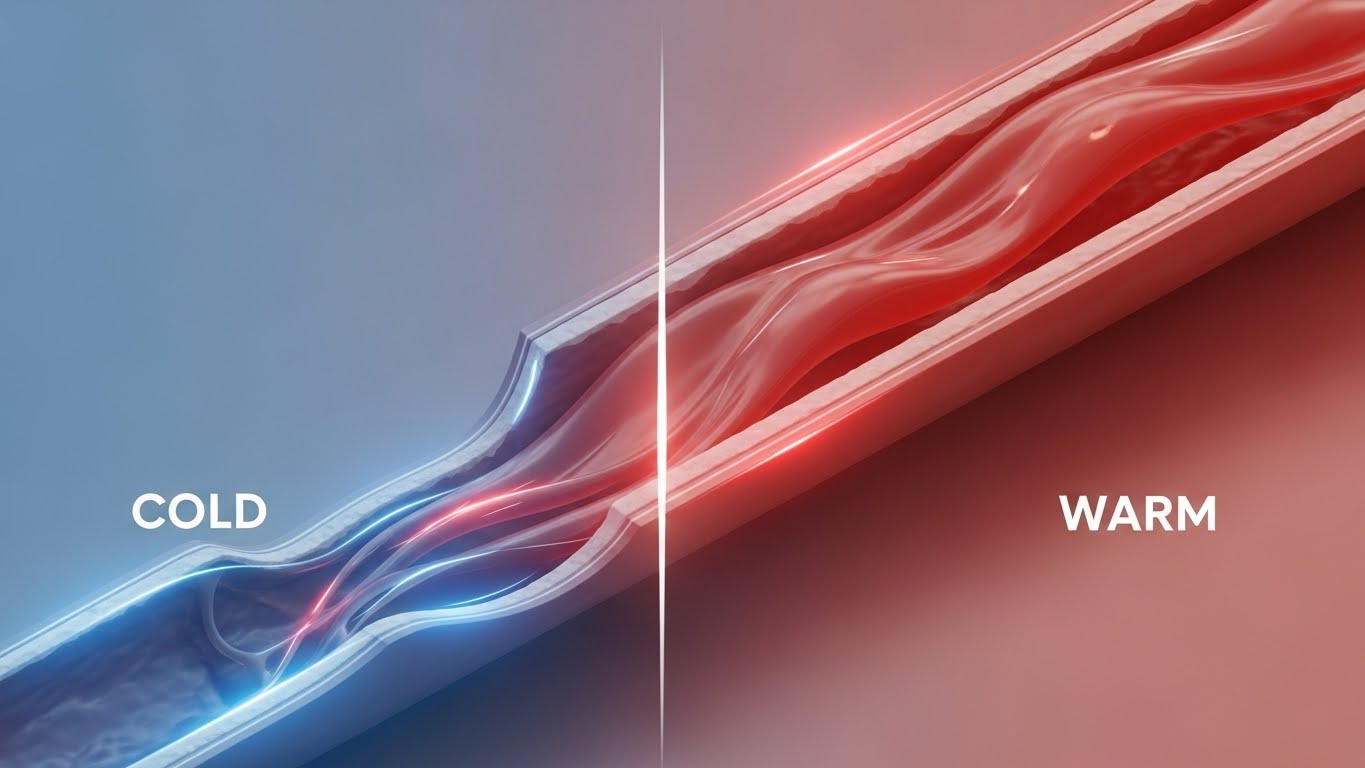 차가운 기온에 의해 좁아진 혈관과 따뜻한 온도로 인해 넓어진 건강한 혈관의 비교 그래픽