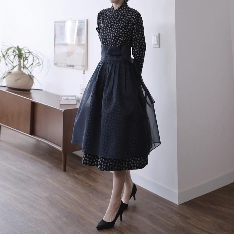 겨울생활한복 면기모 철릭원피스 플라워 블랙