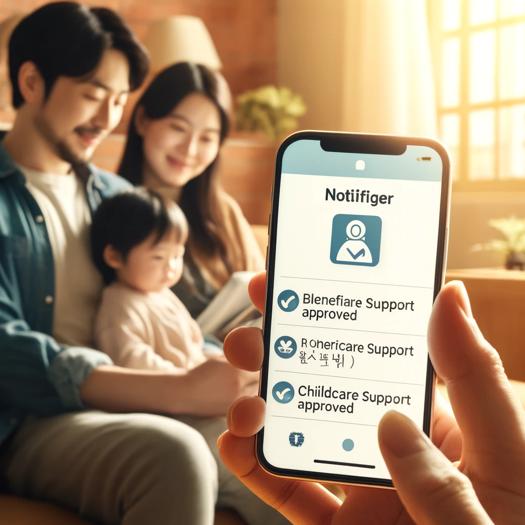 가족이 거실에서 'Childcare Support Approved' 메시지를 확인하는 모습