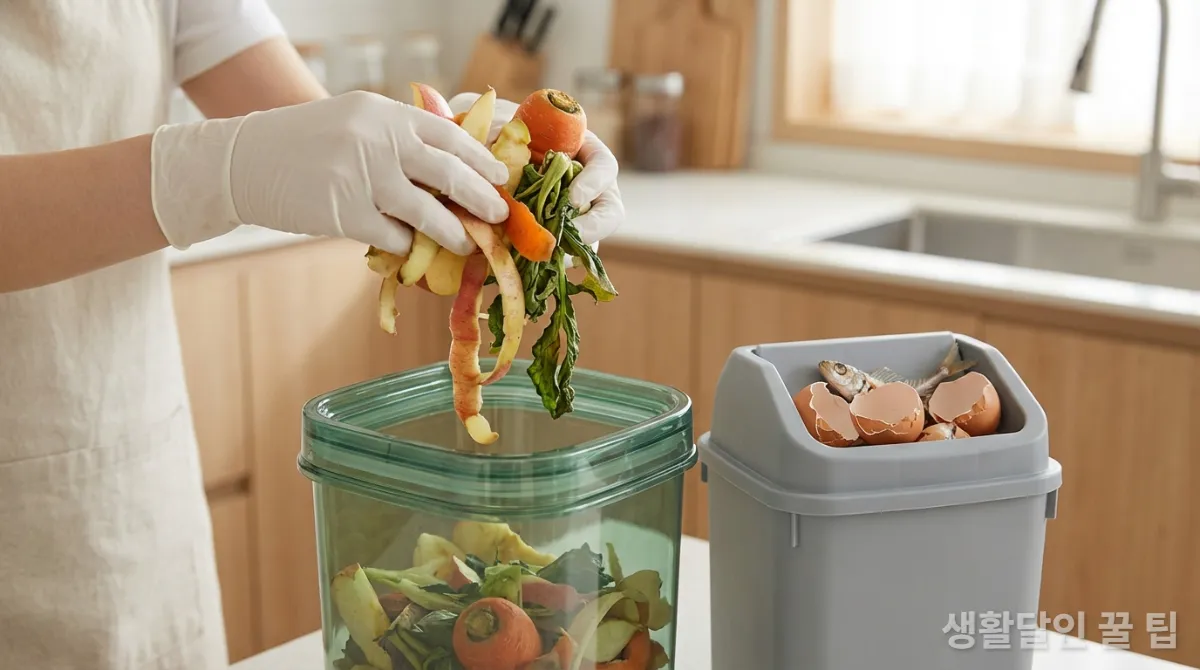 한국 가정에서 음식물 쓰레기를 올바르게 분리 배출하는 모습