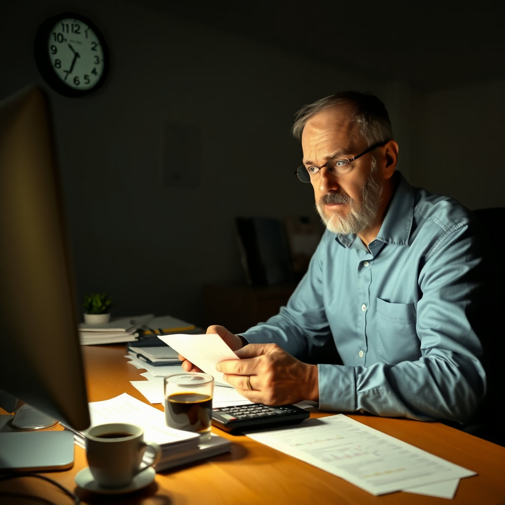 늦은 밤, 컴퓨터 앞에 앉아 꼼꼼하게 재정 장부를 정리하고 있는 소상공인의 모습입니다.