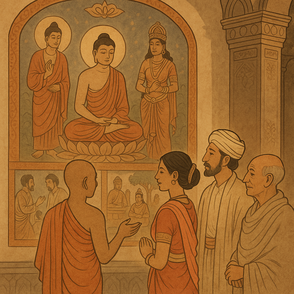 간다라 시대 장인들이 조각, 채색, 석고 작업