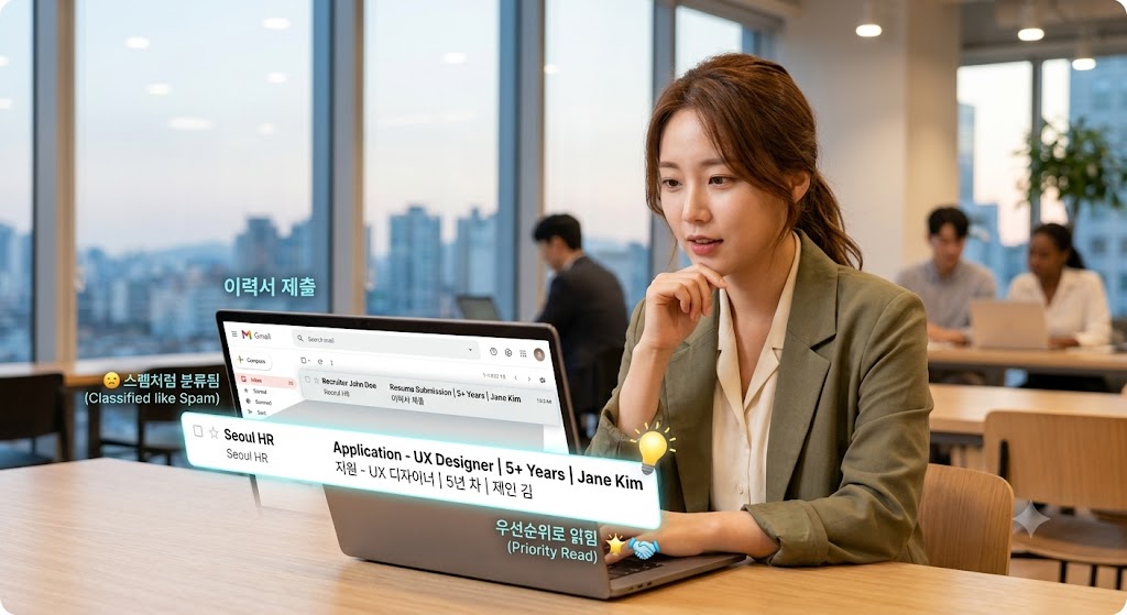 채용 담당자의 눈길을 사로잡는 전문적인 영문 이메일 제목 작성 전략과 직무별 예시를 설명하는 비즈니스 장면