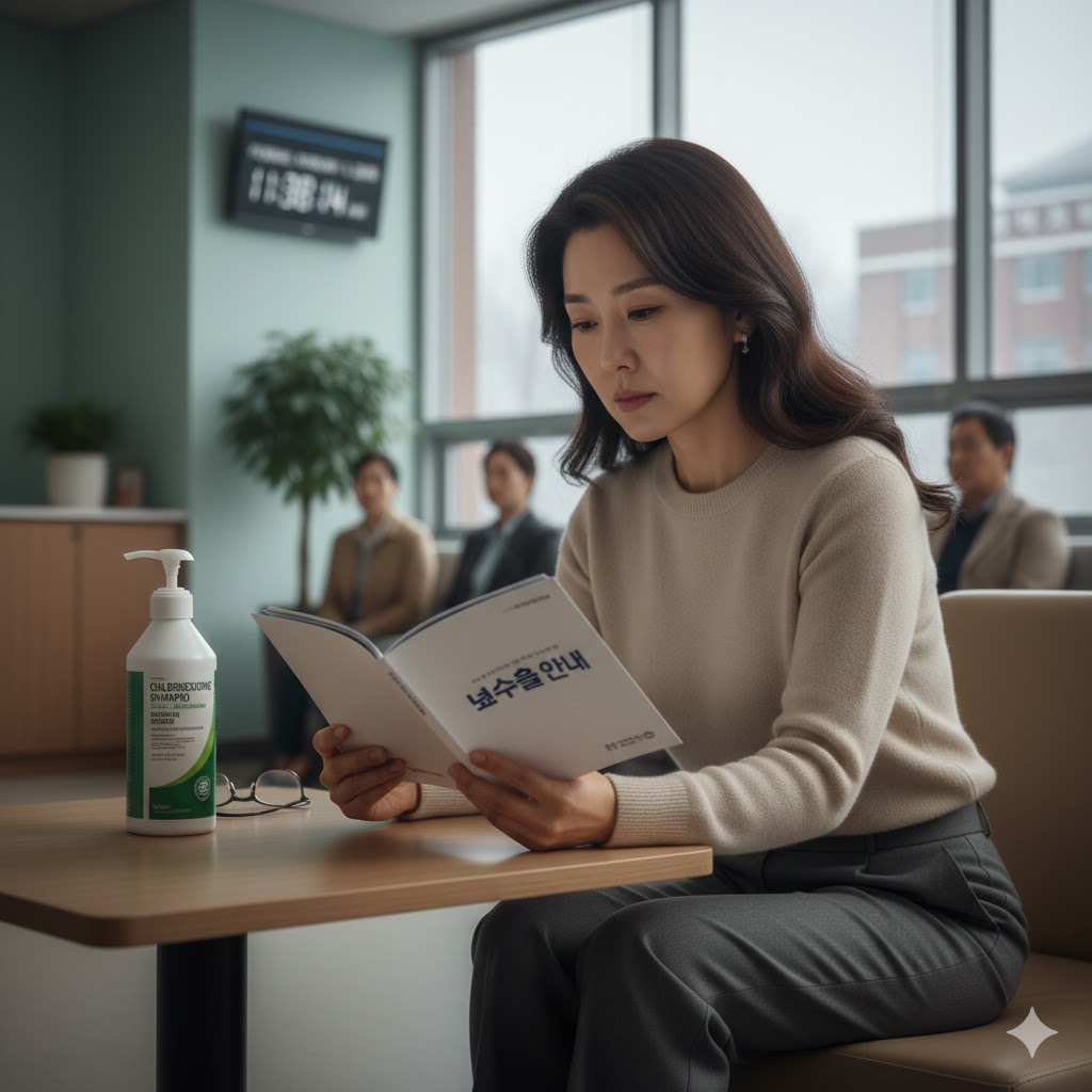 병원 대기실에서 안내서를 읽는 여성과 테이블 위 소독 샴푸 용기.