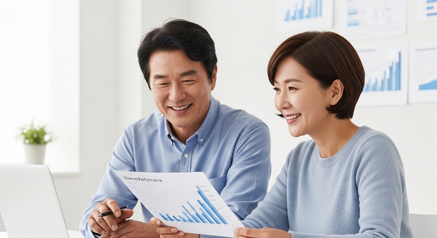 50대 남녀가 노트북 앞에서 성과 그래프 보는 모습