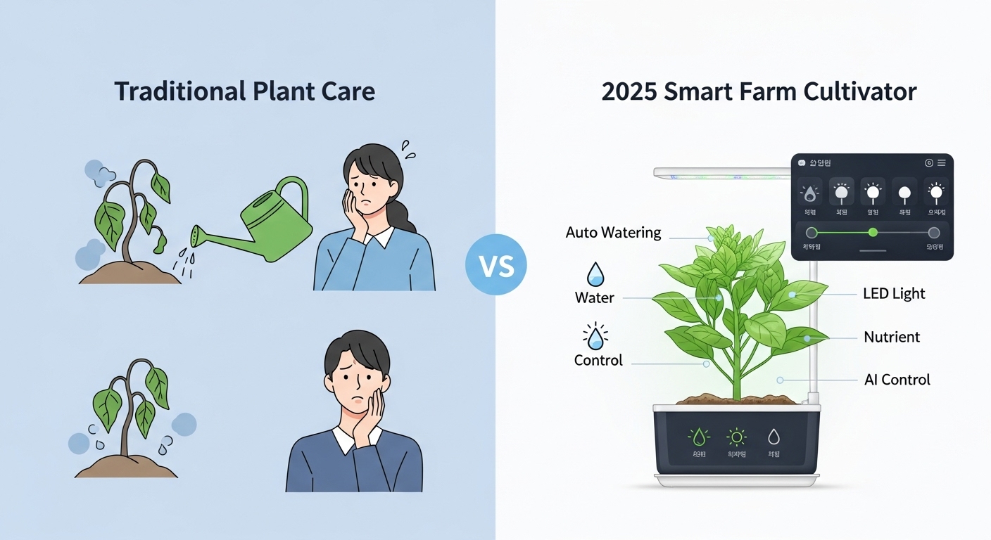 전통적인 식물 관리와 2025년 AI 스마트팜 재배기의 주요 기능을 비교하는 그래픽
