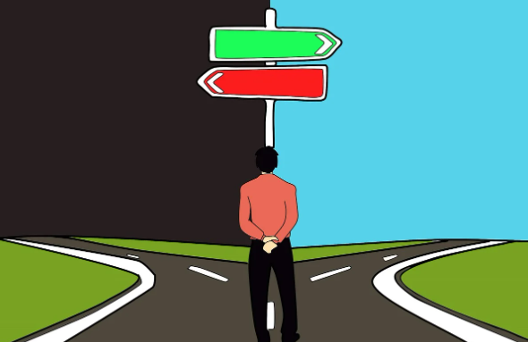 여러 가능성 중에서 아직 결정을 내리지 않은 선택의 상태를 설명하는 이미지