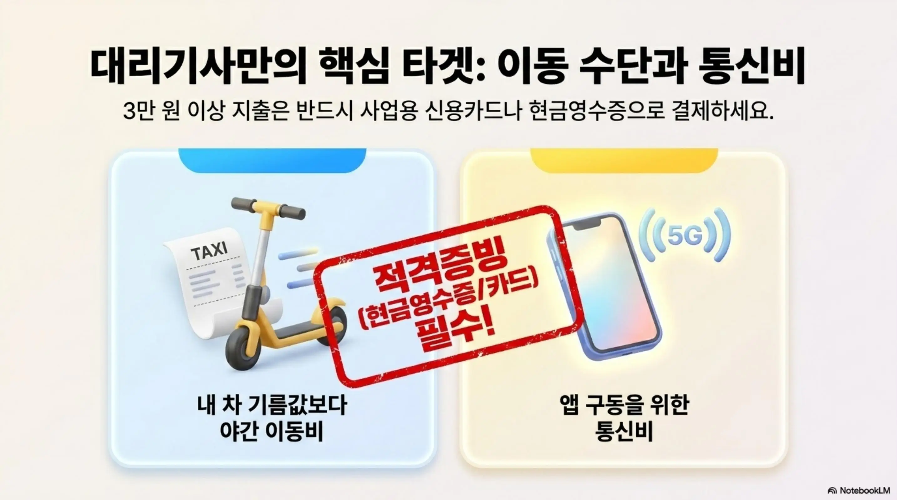 대리기사 종합소득세 업종코드: 대리기사만의 핵심 경비처리 대상인 야간 콜 이동 택시비와 앱 구동 통신비를 좌우로 비교하는 인포그래픽. 전동킥보드와 택시 영수증 아이콘 옆에 적격증빙(현금영수증 또는 카드) 필수라는 빨간 도장이 찍혀 있으며 3만 원 이상 지출은 반드시 사업용 신용카드나 현금영수증으로 결제하라는 안내가 포함된 이미지