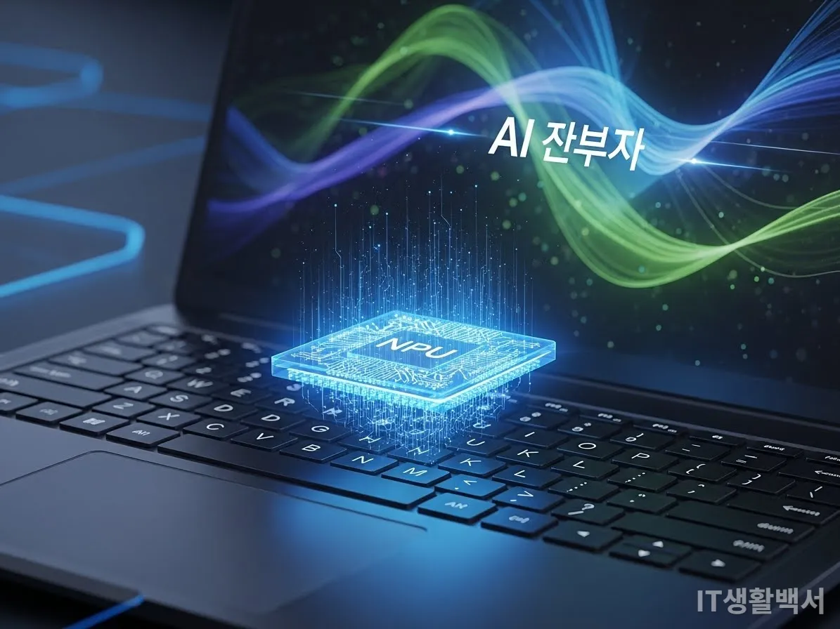 2026년 노트북의 핵심 트렌드인 NPU AI 칩셋과 향상된 배터리 효율을 시각화한 일러스트
