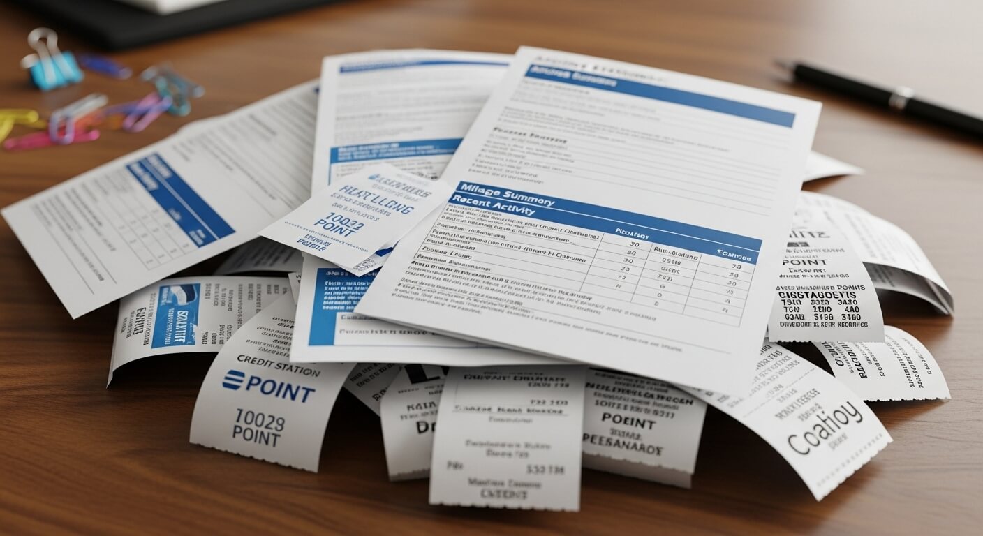포인트 적립 영수증과 마일리지 명세서가 겹쳐진 책상 위 풍경