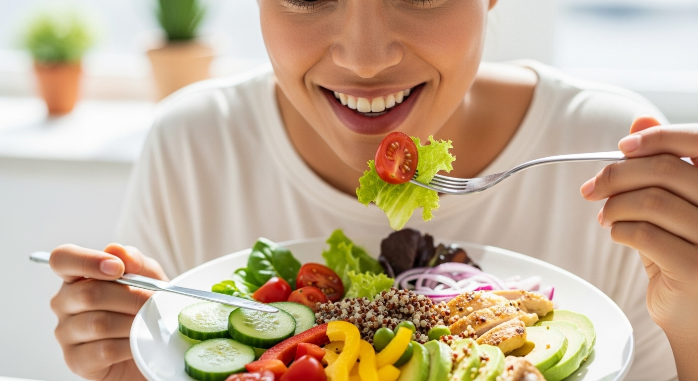 건강한 식사를 즐기며 만족스럽게 웃는 사람의 모습.