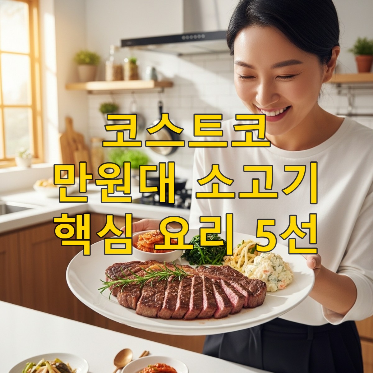 코스트코 만원대 소고기로 만든 먹음직스러운 스테이크와 환하게 웃고 있는 한국인의 모습