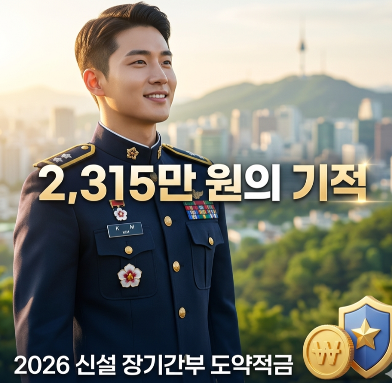alt="미소 짓는 대한민국 해군 간부와 '2,315만 원의 기적' 문구가 담긴 2026 신설 장기간부 도약적금 홍보"