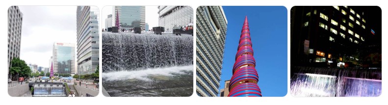 서울 청계광장과 청계천 인공폭포, 스프링 조형물의 낮과 밤 풍경