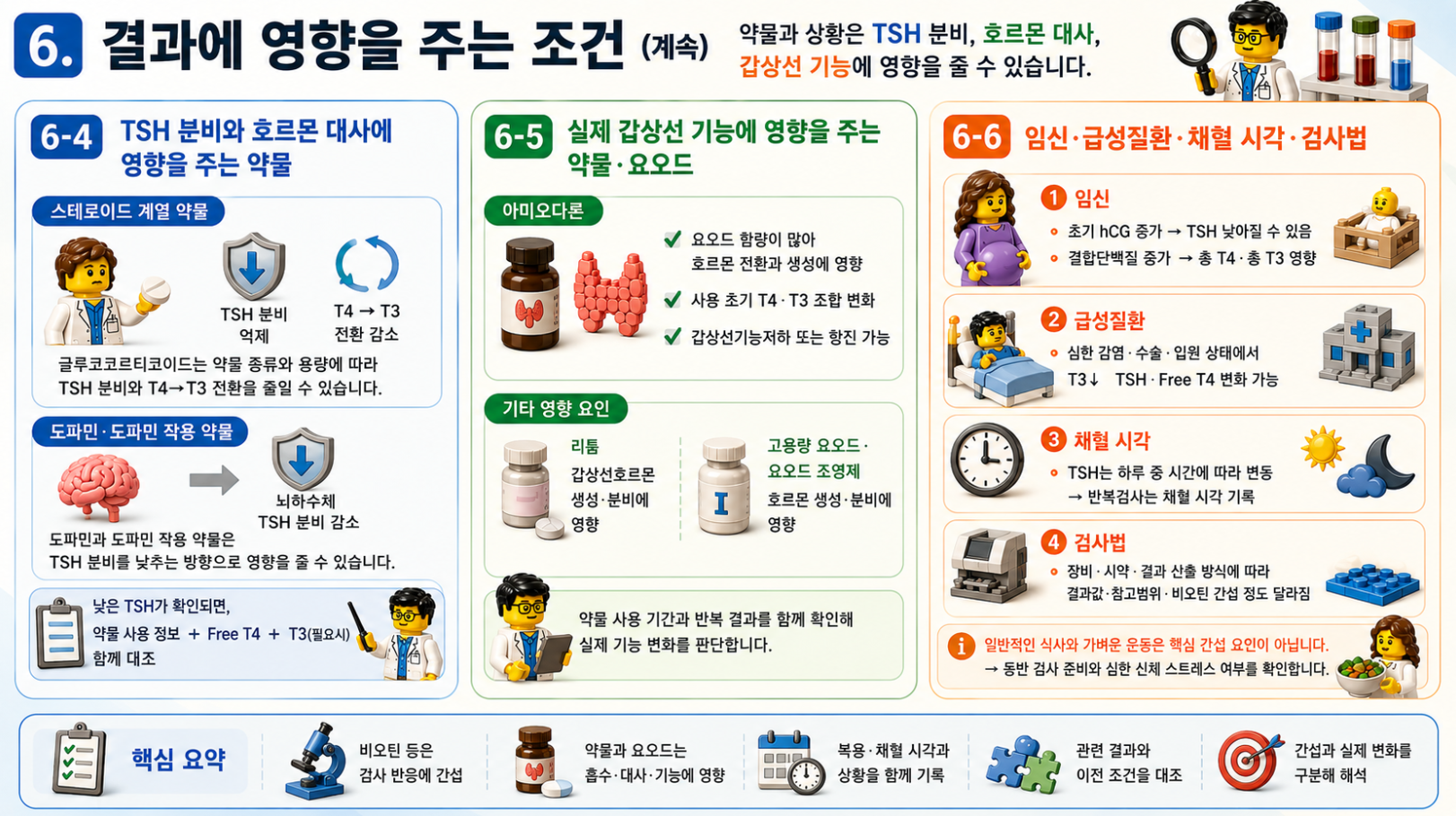 TSH 분비와 호르몬 대사에 영향을 주는 약물, 요오드, 임신·급성질환·검사법의 영향을 설명하는 레고 스타일 메디컬 인포그래픽