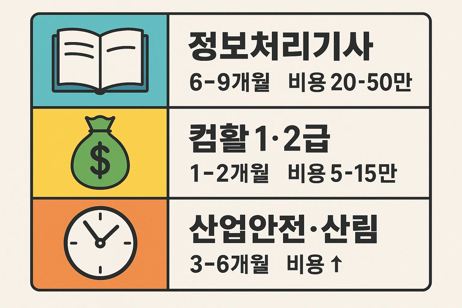 국가자격증별 난이도에 따른 준비 기간과 비용을 비교한 인포그래픽으로, 정보처리기사, 컴활 1&middot;2급, 산업안전&middot;산림 자격증의 소요 시간과 비용 정보를 제공합니다.
