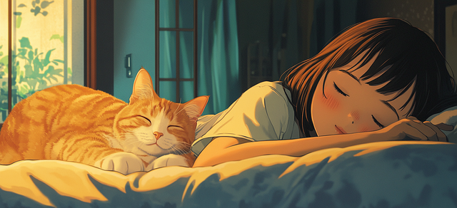 아이와 고양이가 함께 자고 있는 애니