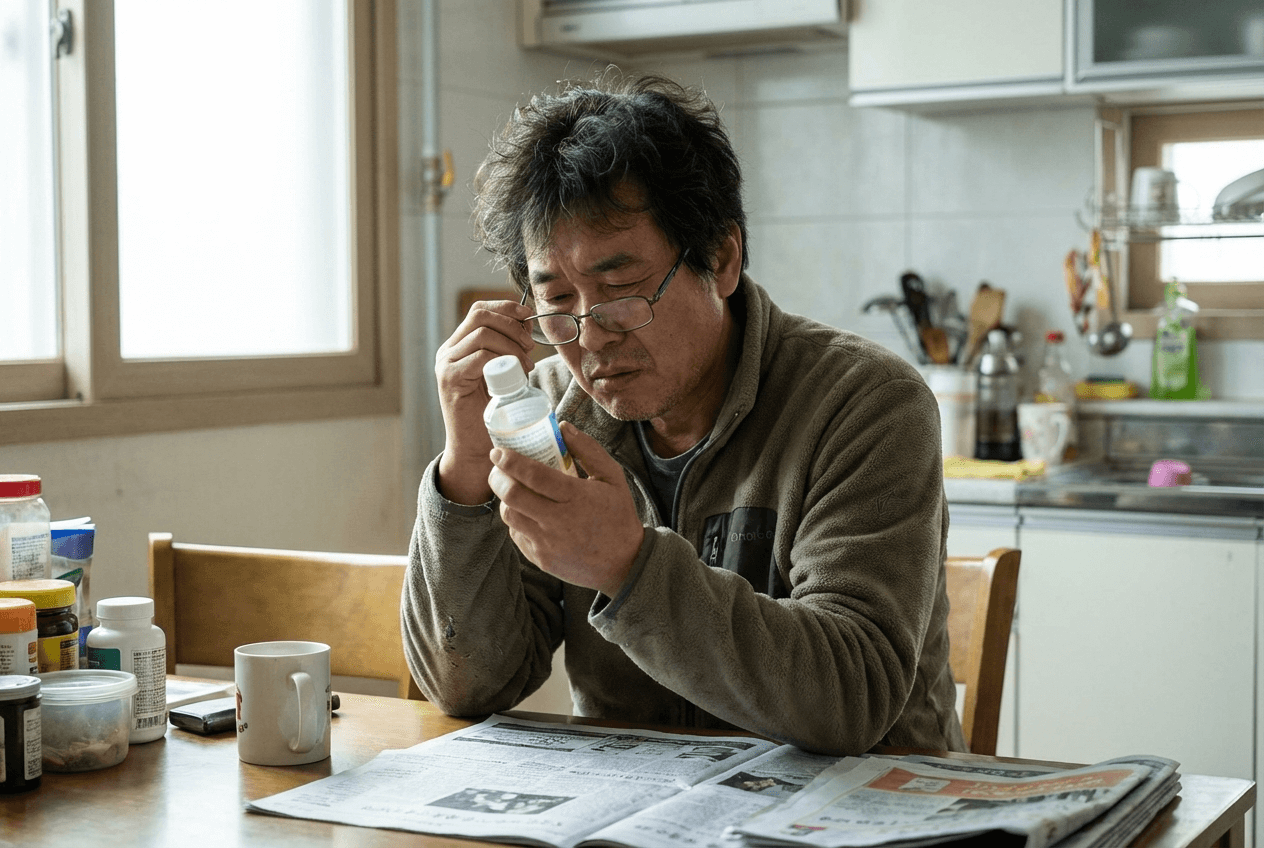 피로한 표정으로 영양제 라벨을 확인하는 40대 한국 남성