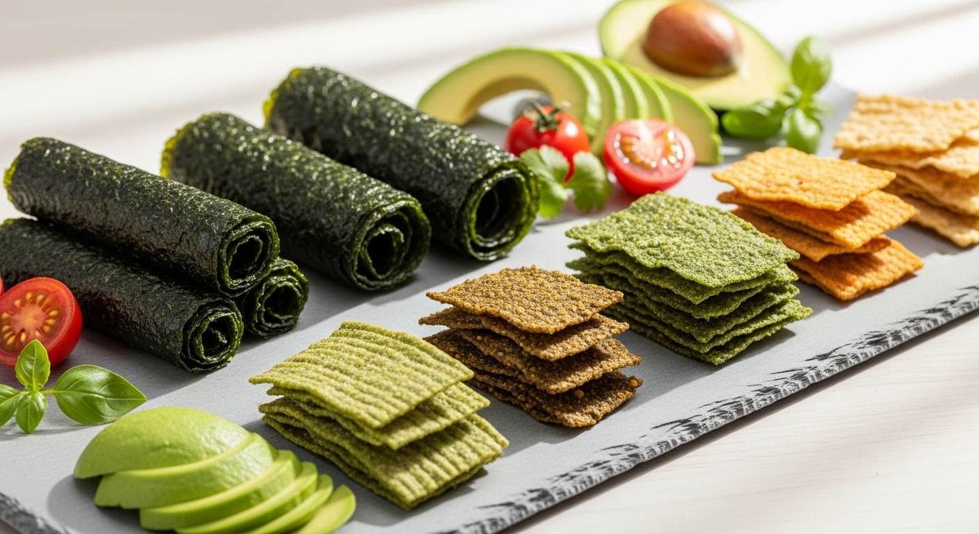 다양한 종류의 건강한 한국 김 스낵이 신선한 채소와 함께 정갈하게 놓여 있는 모습. 웰빙 간식으로서의 김을 강조.