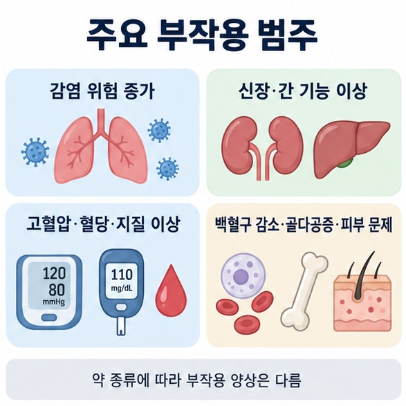 감염 위험 증가 장기 기능 이상 대사 이상 혈액 뼈 피부 문제로 면역억제제 장기복용 부작용을 정리한 인포그래픽