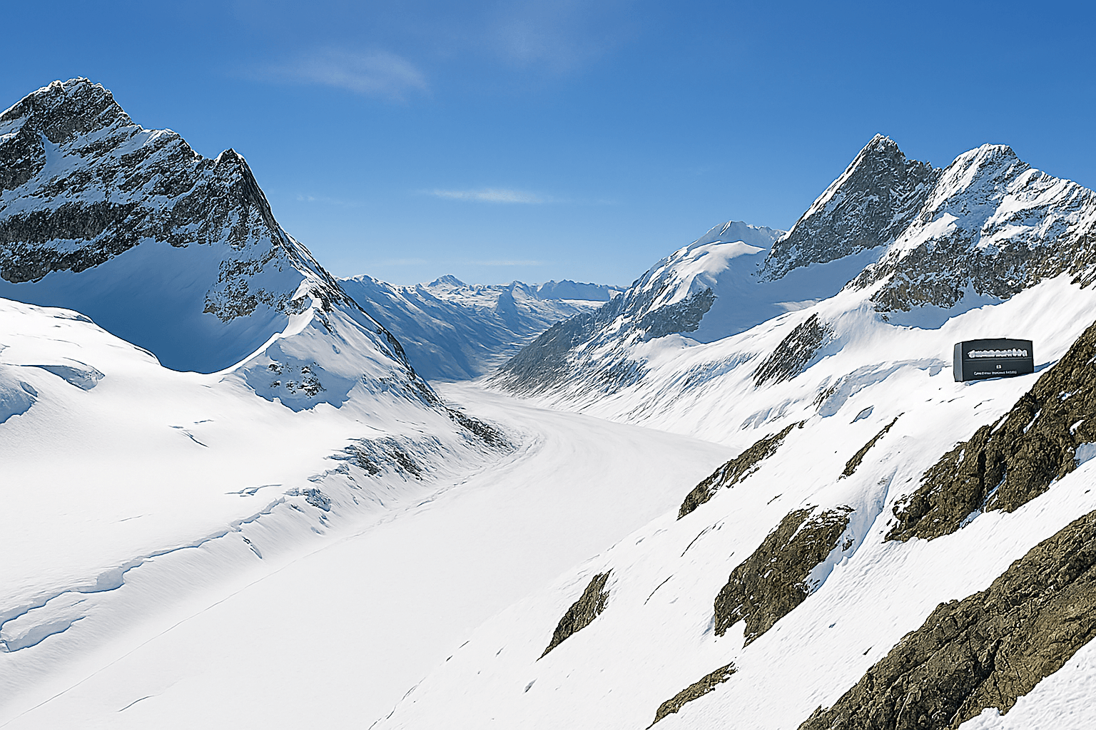푸른 하늘 아래 눈부신 만년설로 덮인 융프라우요흐 정상에서 바라본 웅장한 알프스 파노라마. 깃발과 함께 펼쳐진 설경이 시원하게 보인다.