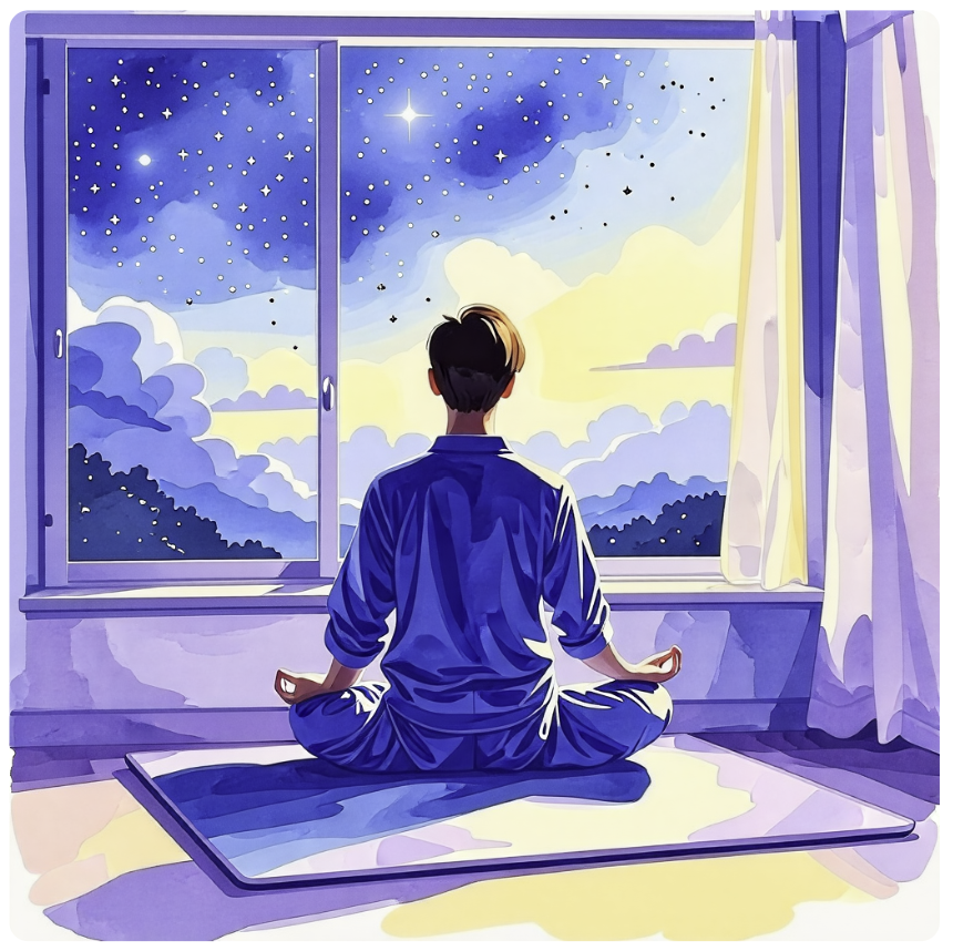 밤 시간, 취침 전, 명상하는 모습