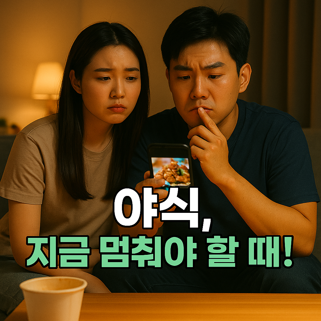 밤늦게 스마트폰으로 먹방을 보며 고민하는 커플