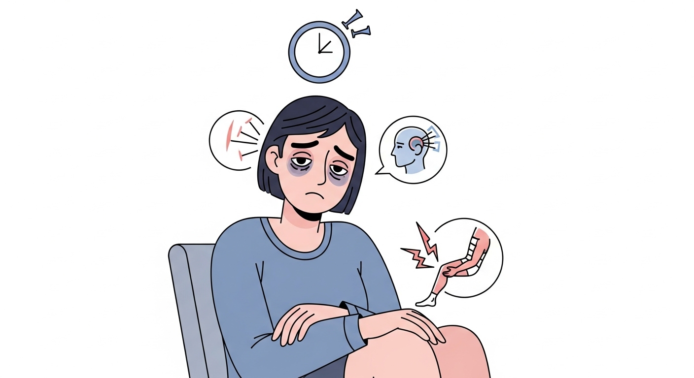 피로, 눈꺼풀 떨림, 불안감을 느끼는 사람의 모습. 불면증, 두통, 근육 경련을 상징하는 작은 아이콘들이 함께 배치되어 마그네슘 결핍 증상을 나타냅니다.