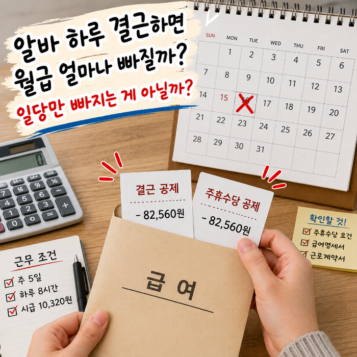 알바 하루 결근하면 월급에서 일당과 해당 주 주휴수당이 얼마나 영향을 받을 수 있는지 확인하는 이미지