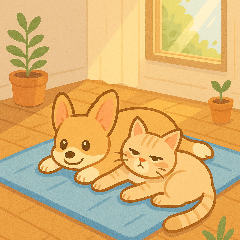 시원한 쿨매트 위에서 나란히 누워있는 탄색 코기 강아지와 크림색 줄무늬 고양이, 햇살 가득한 방 안의 평화로운 여름 풍경.