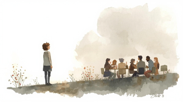 ESFJ는 관계에서의 소소한 변화에도 예민합니다. 단체 대화방에서 빠졌거나, 모임에 자신만 초대받지 못했을 때, 그 충격은 꽤 오래갑니다에 관한 그림입니다.