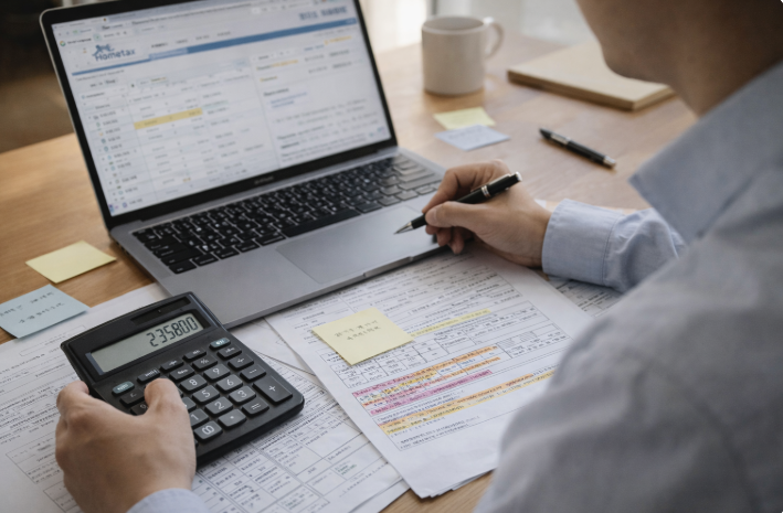 홈택스와 서류를 함께 보며 연말정산 준비 중인 직장인의 모습.