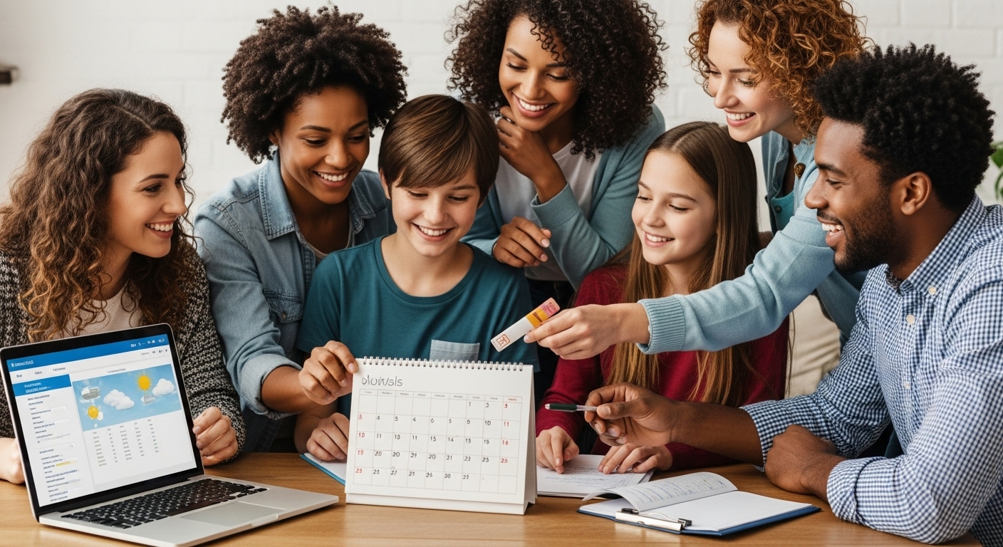 친구들이나 가족이 모여 달력을 보며 2026년 여행 일정을 계획하며 즐거워하는 모습.