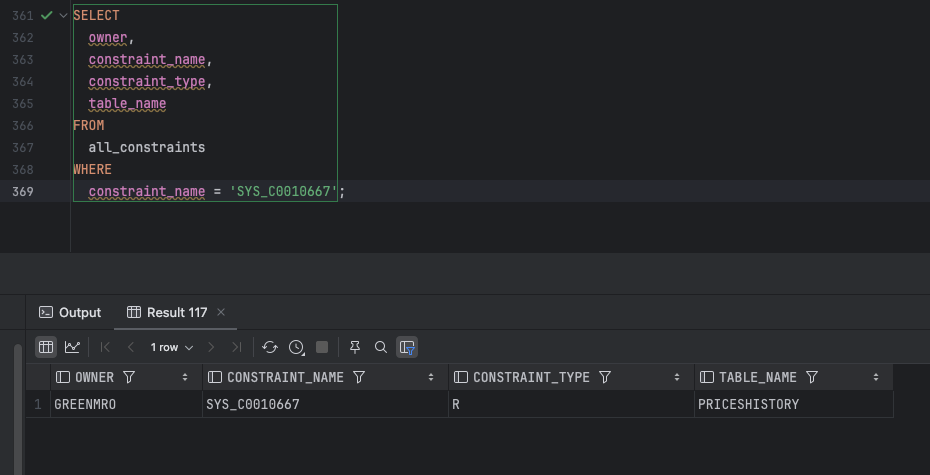 Oracle database constraint information query result showing SYS_C00XXXXX foreign key constraint details